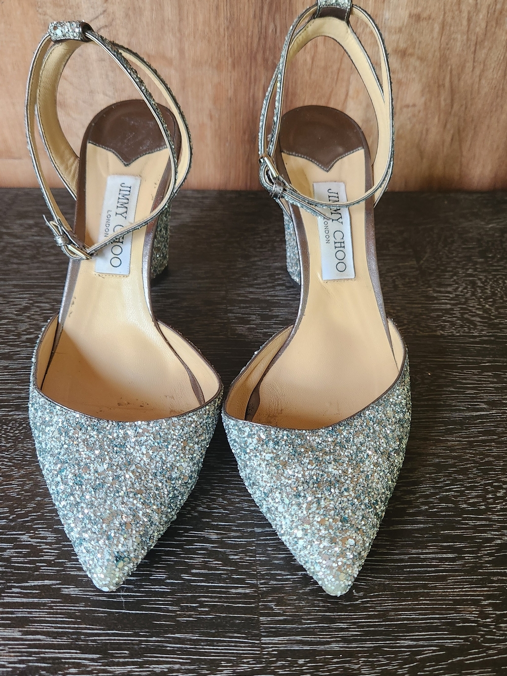 Jimmy Choo Silver & Pale Blue Glitter Pointed Ankle-Strap Heels.